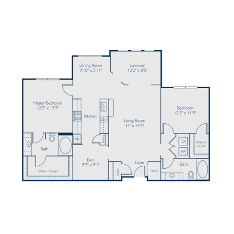 Floor plan for 2 beds, 2 baths, 1421 sqft